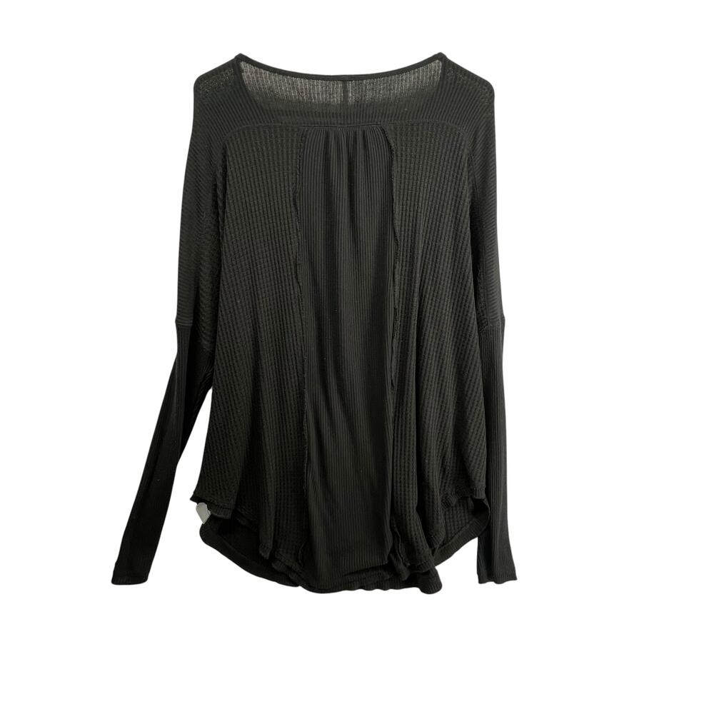 Free People Size Large Leo Henley Tee In Black Oversized Thermal Boho Long Sleev - Picture 4 of 4